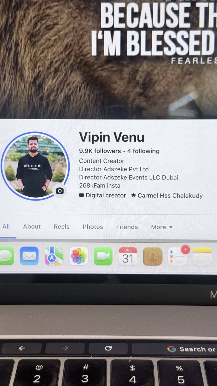Facebook profile showing 9.9 thousand followers